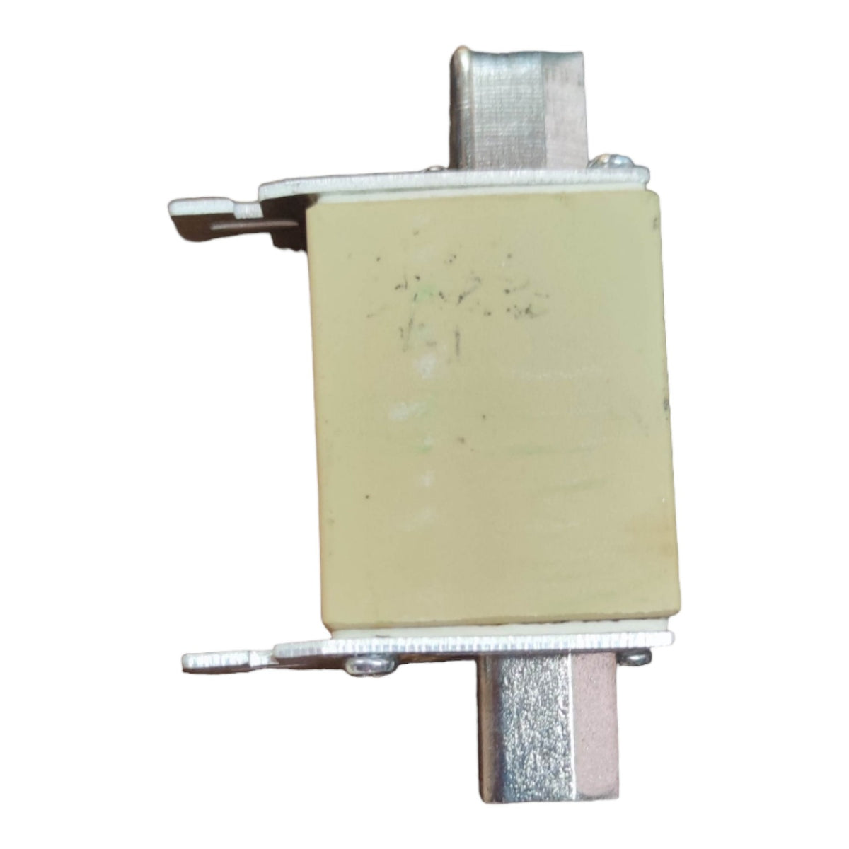 Rectangular mechanical component with metallic parts on a white background