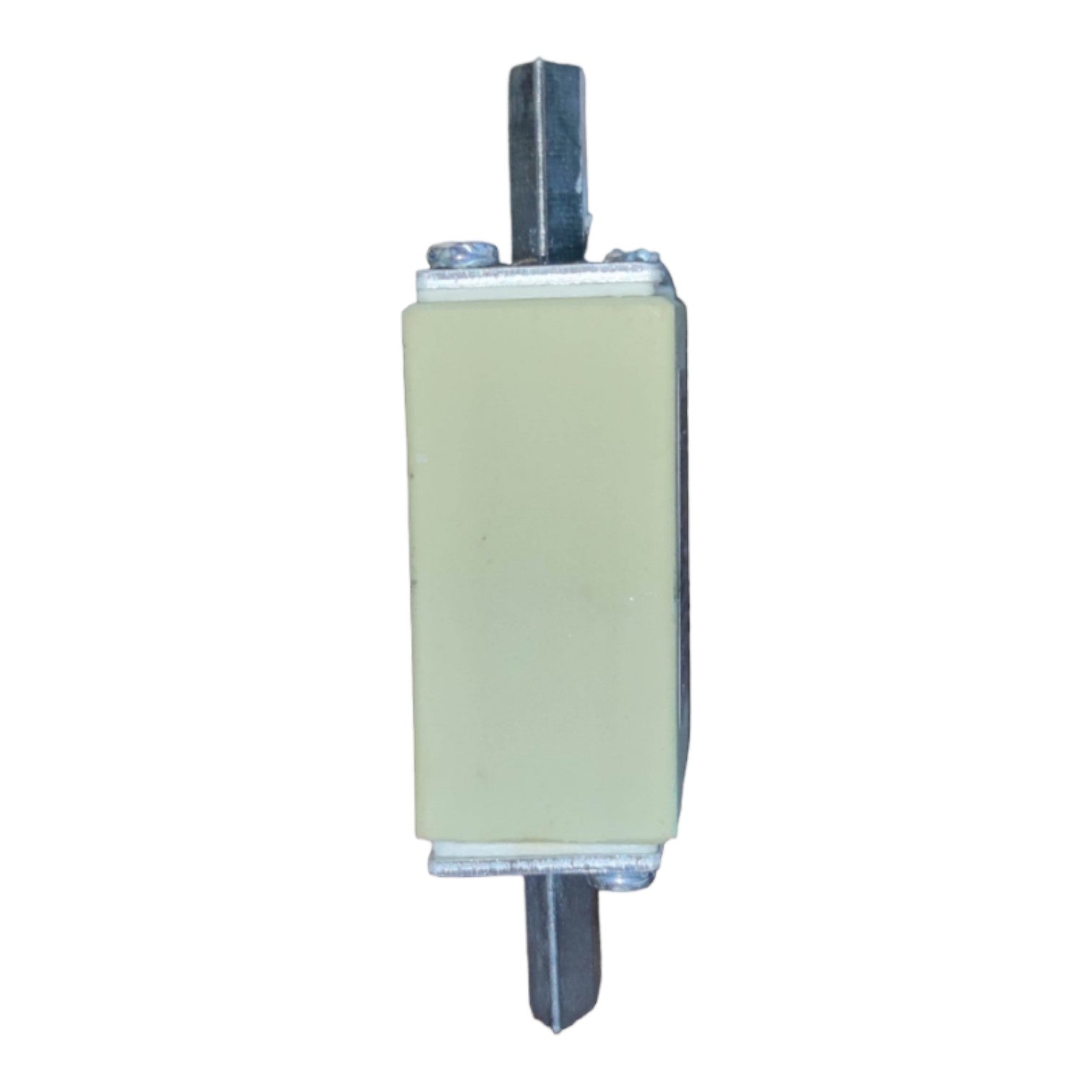 Rectangular ceramic component with metal pins on a white background