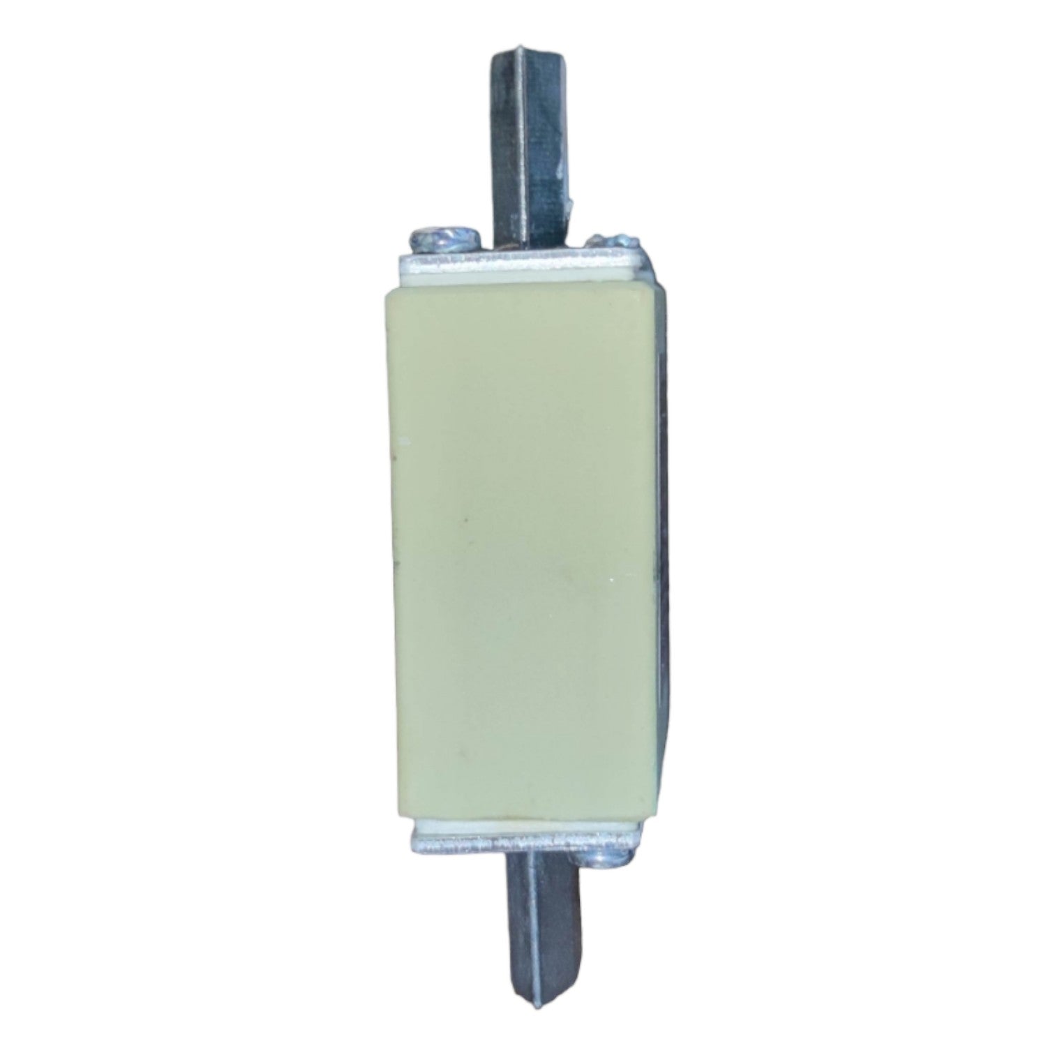 Rectangular ceramic component with metallic ends on a white background