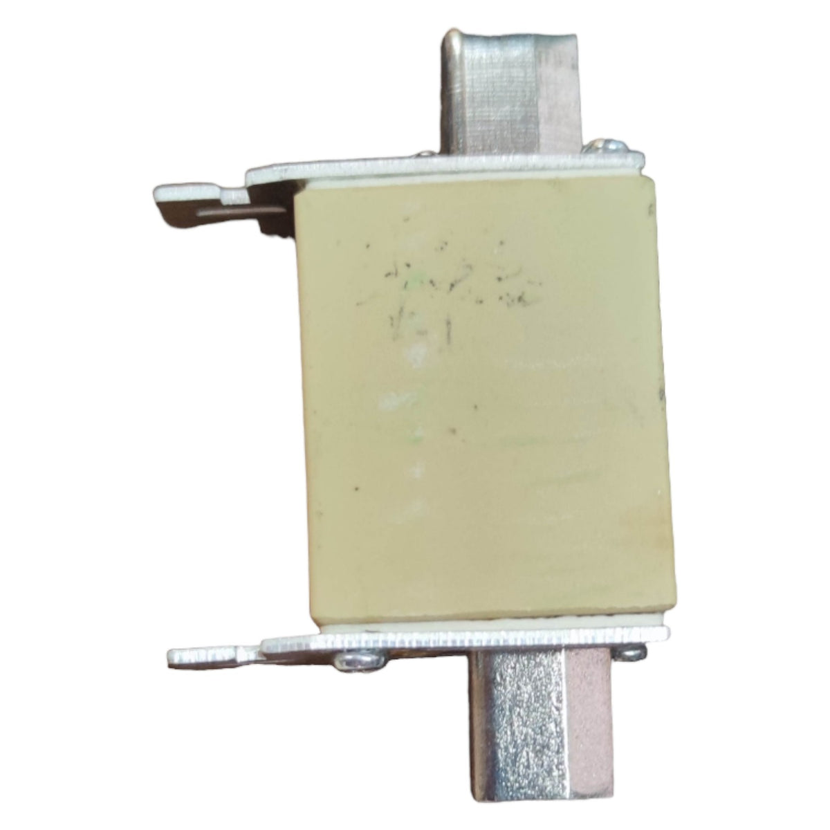 Rectangular mechanical component with metallic parts on a white background