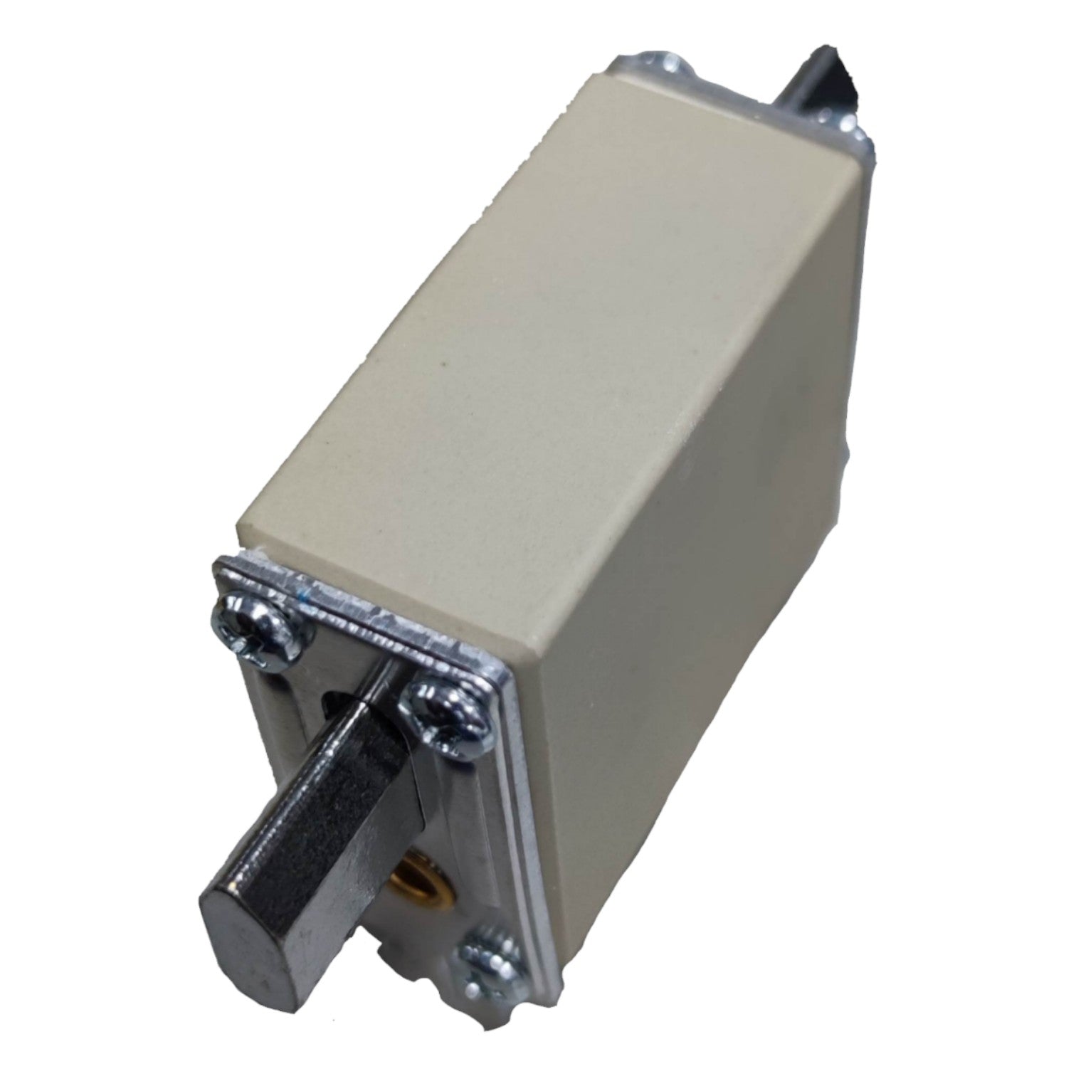 Rectangular metal box with a lever on a white background