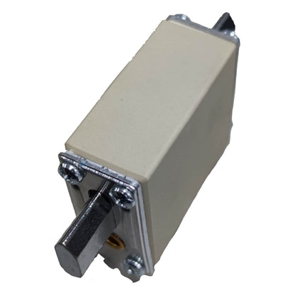 Rectangular metal box with a lever on a white background