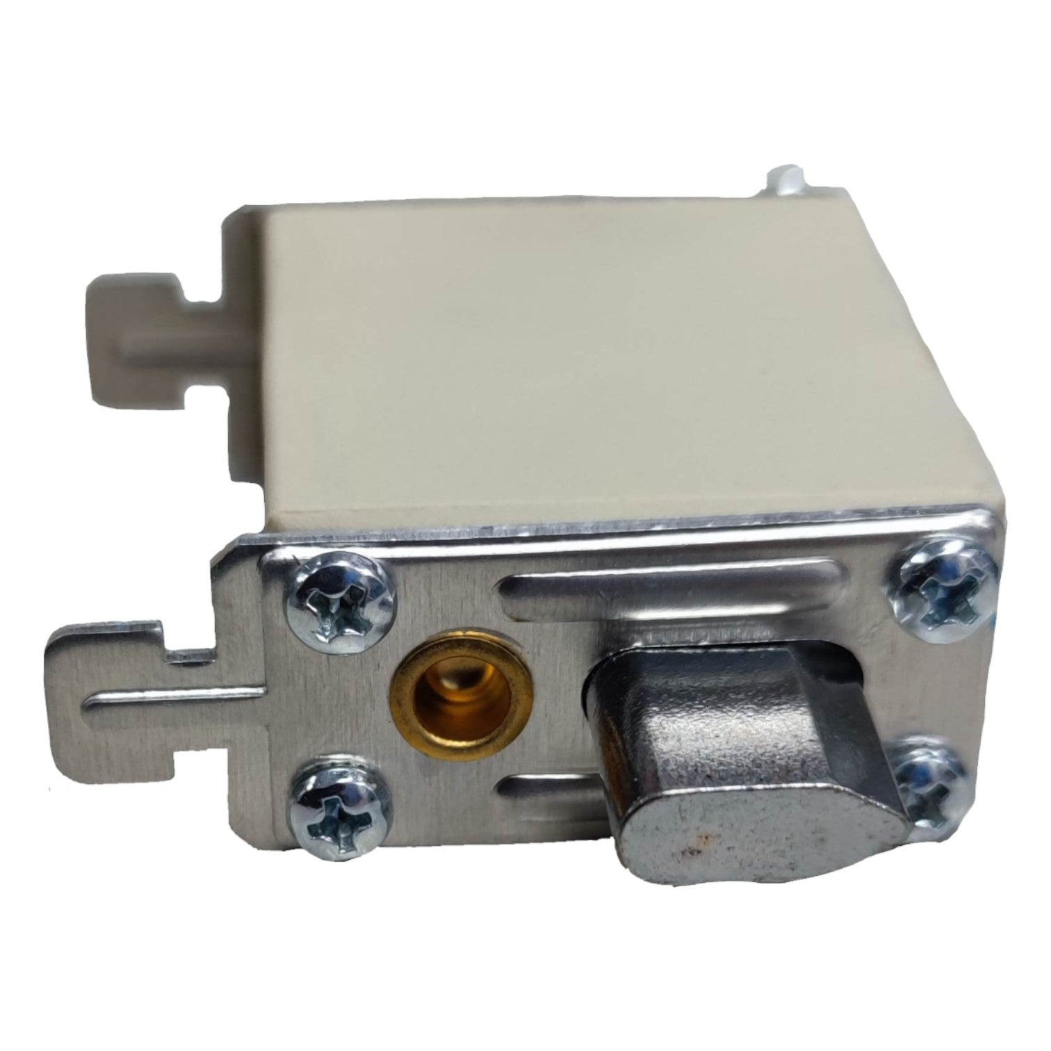 Metal lock mechanism on a white background
