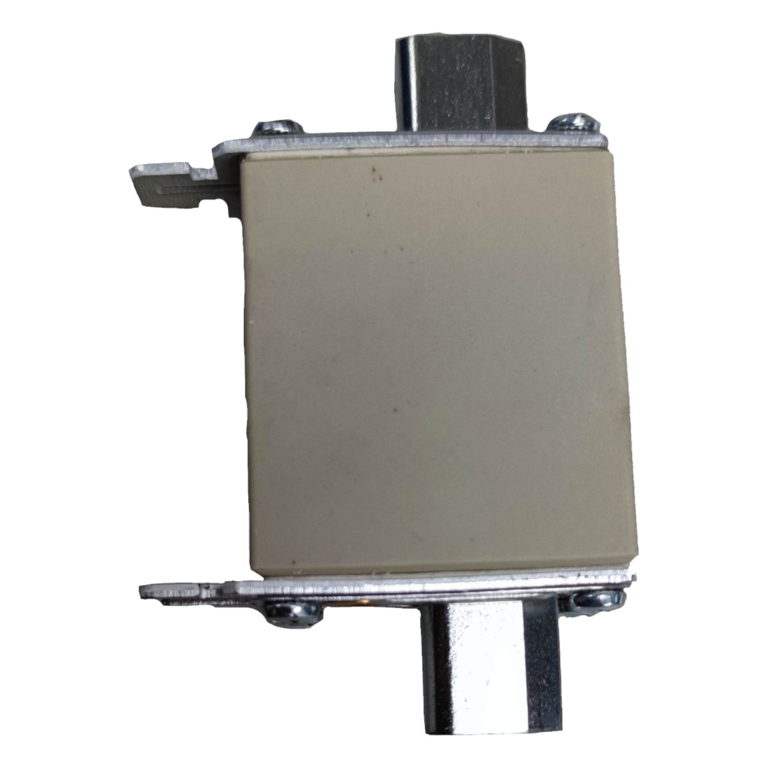 Rectangular metal component with threaded rods on a white background