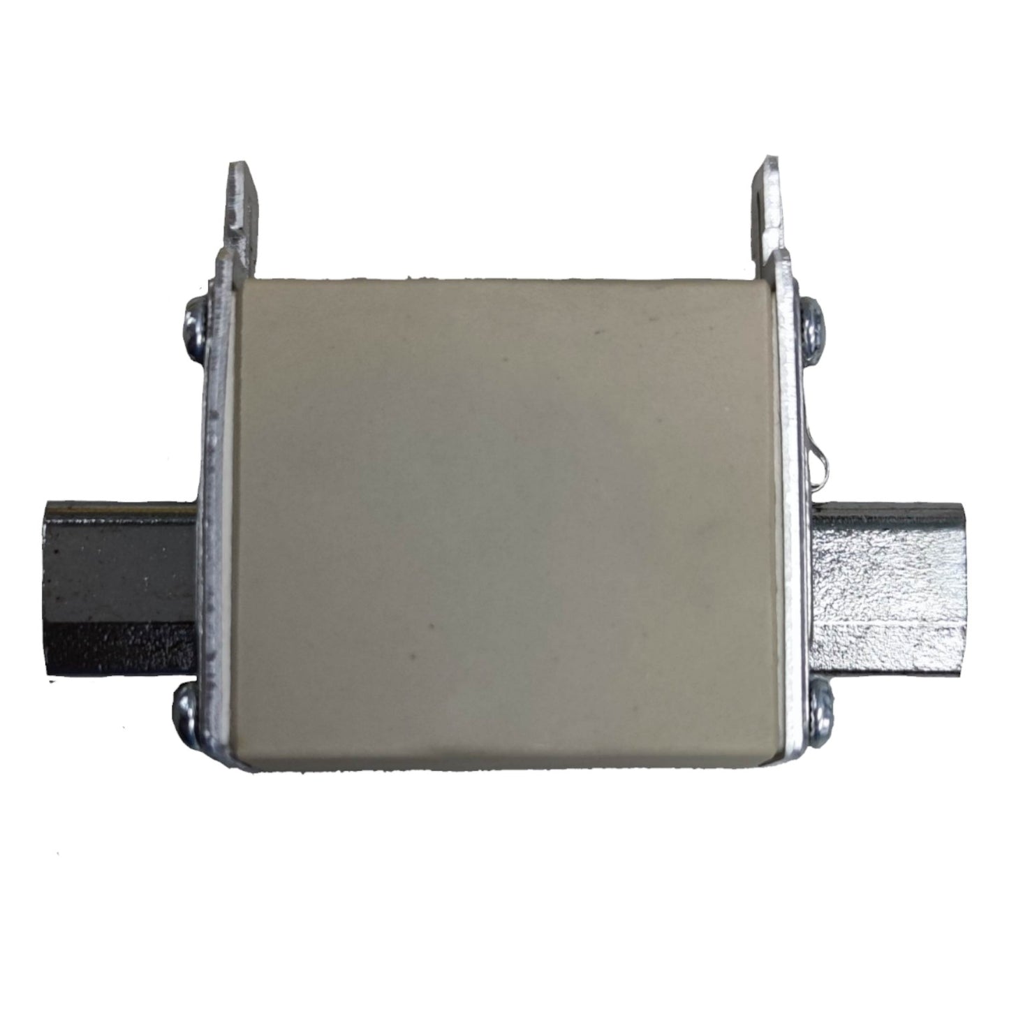 Rectangular metal component with cylindrical ends on a white background