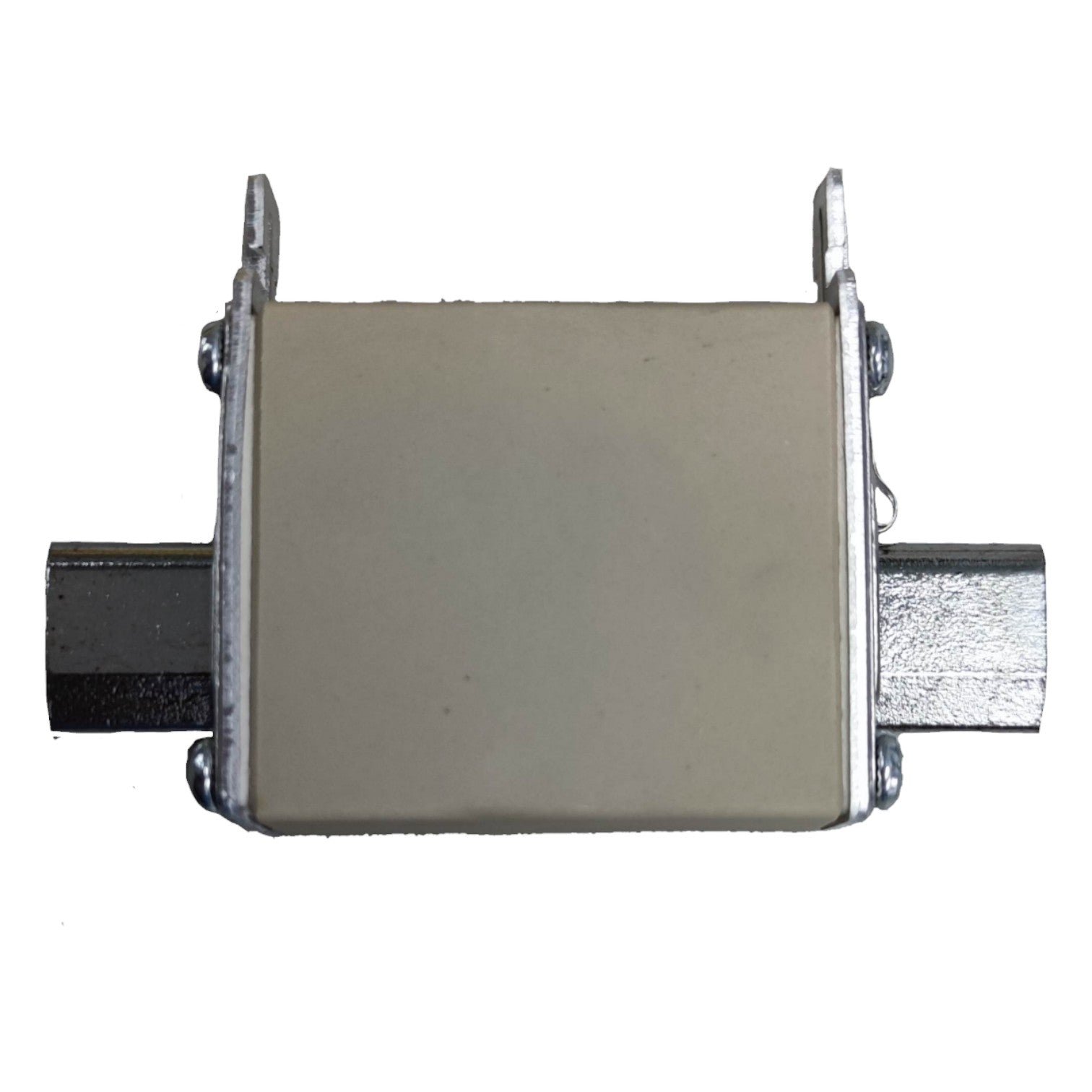 Rectangular metal component with cylindrical ends on a white background