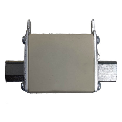 Rectangular metal component with cylindrical ends on a white background