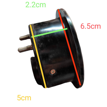 A black cylindrical mechanical part with two metal studs, shown on a white background with colored measurement lines and text labels indicating dimensions 2.2cm, 6.