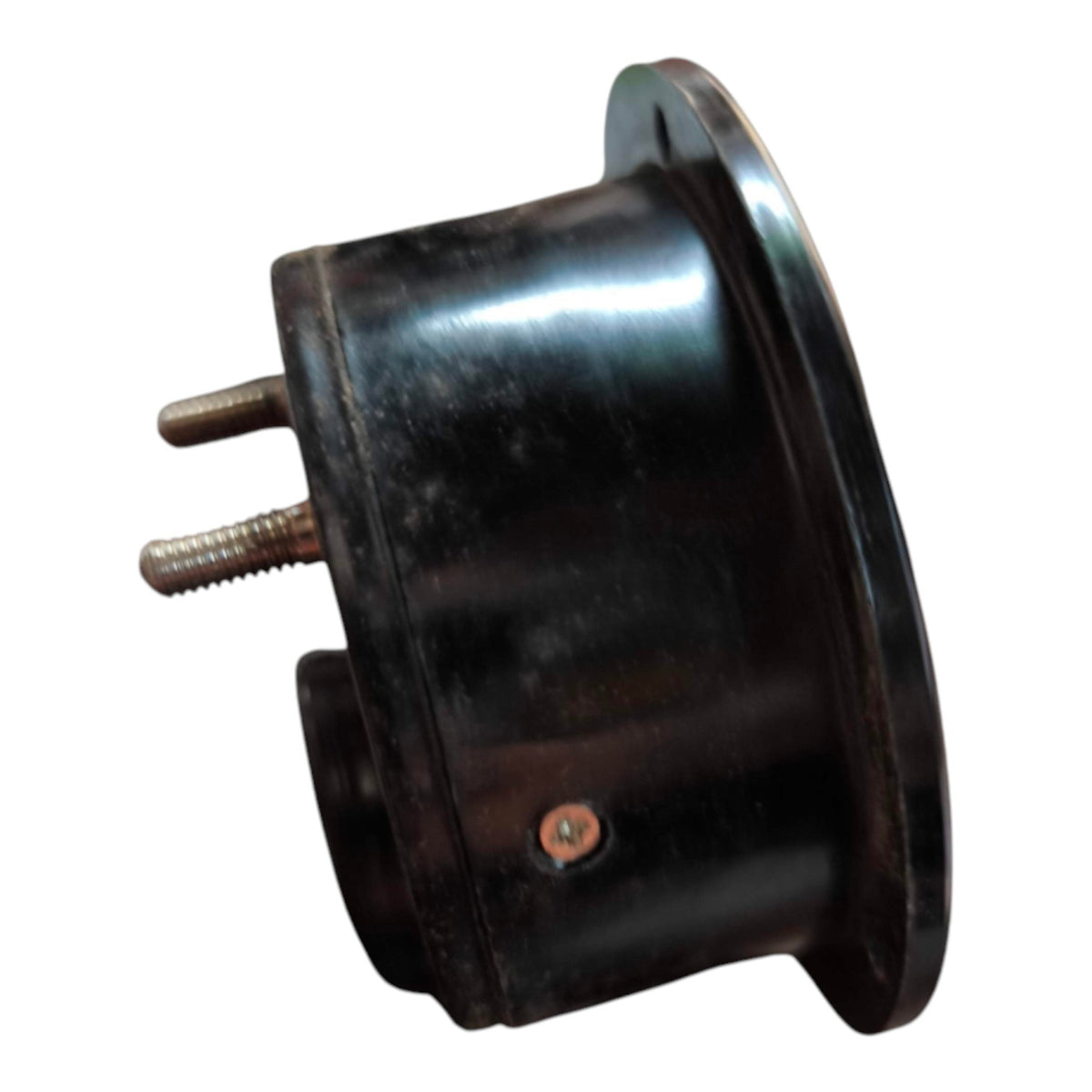 A black cylindrical mechanical part, likely an automotive shock absorber or bushing, featuring a circular flange and two threaded metal studs, shown against a plain white background.