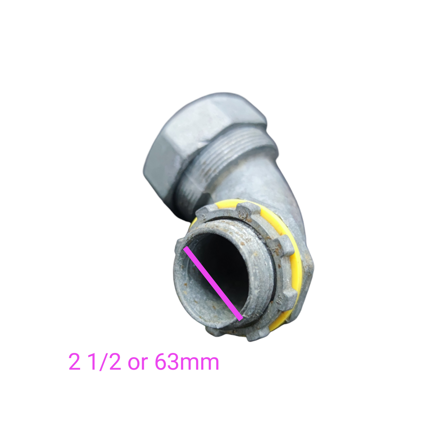 Metal pipe fitting with size indication on a white background