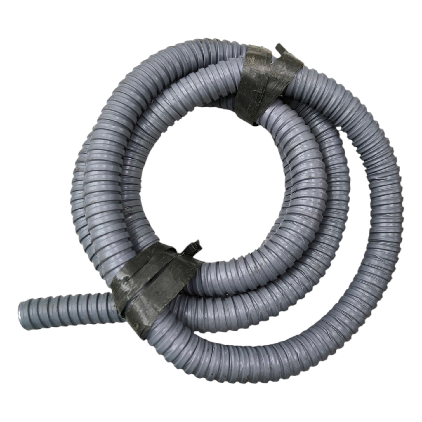 Coiled gray hose with black clamps on a white background