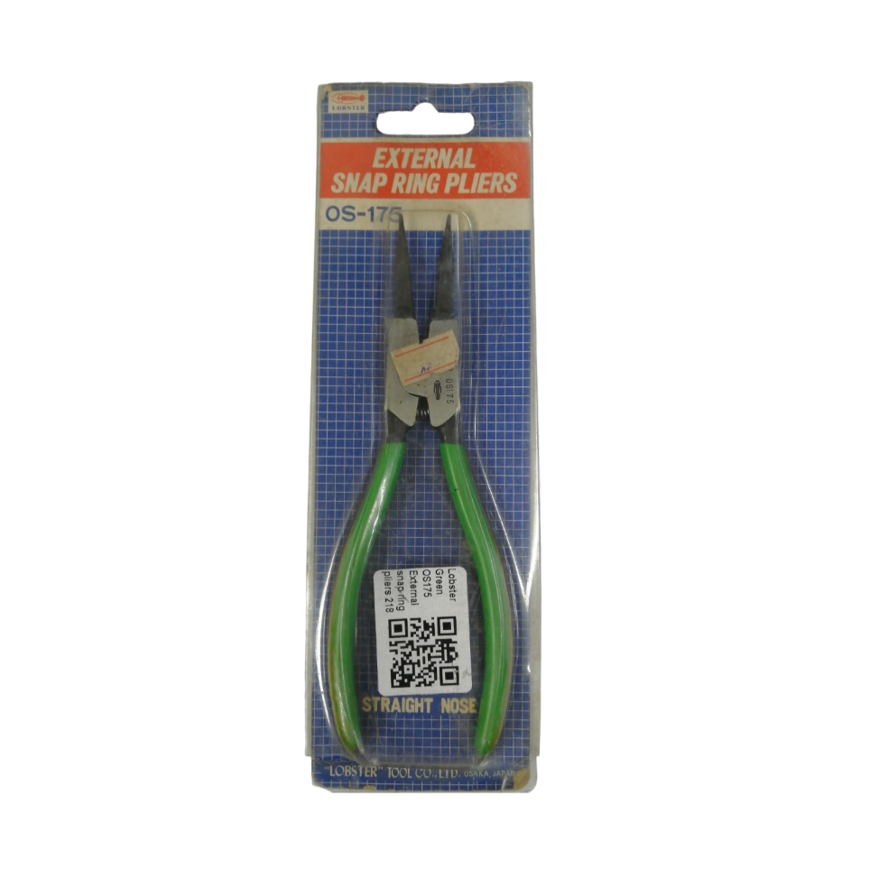 Lobster 175mm External Snap Ring Pliers with straight nose and green rubber grips for easy handling