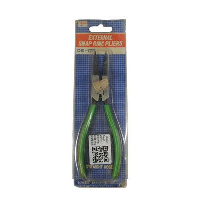 Lobster 175mm External Snap Ring Pliers with straight nose and green rubber grips for easy handling