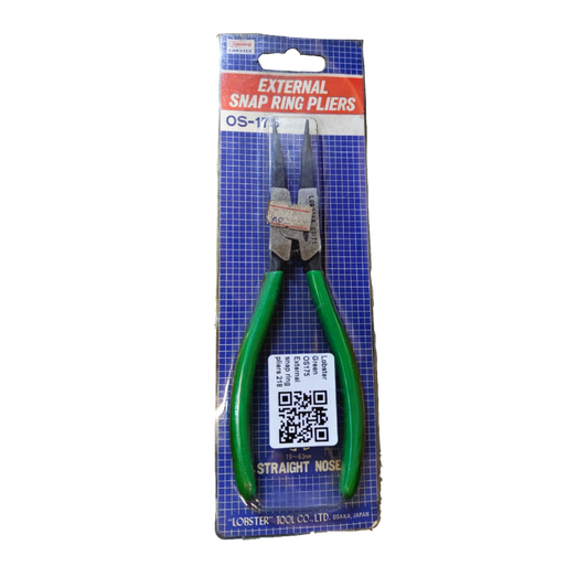 Lobster Snap Ring Plier External Straight with green handles and straight nose in retail packaging