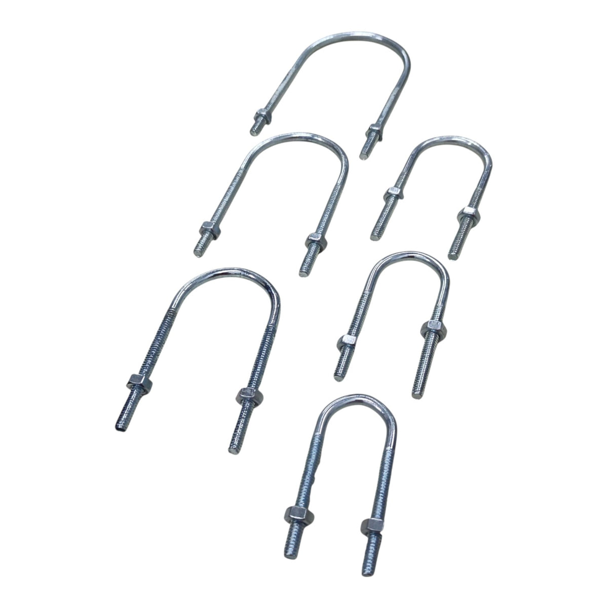 Six galvanized steel U-bolts with threaded pins and nuts, arranged diagonally on a plain white background.