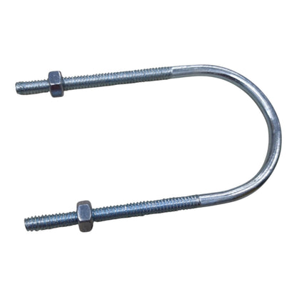 A galvanized steel U-bolt with two threaded ends secured by hex nuts, shown on a plain white background.