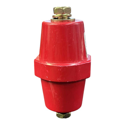 Red mechanical component with brass fitting on a white background