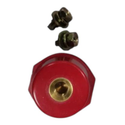 Red mechanical component with brass fitting on a white background