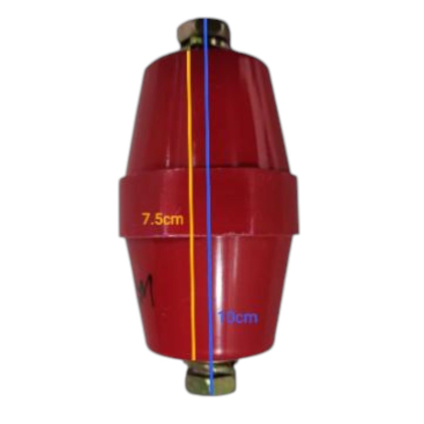 Red cylindrical object with measurements on a white background