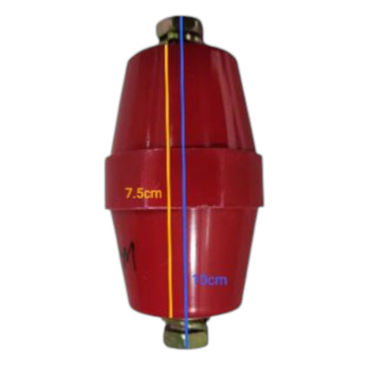 Red cylindrical object with measurements on a white background
