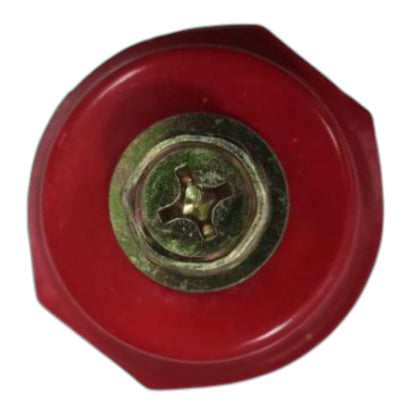 Red mechanical component with a central metallic hub on a white background
