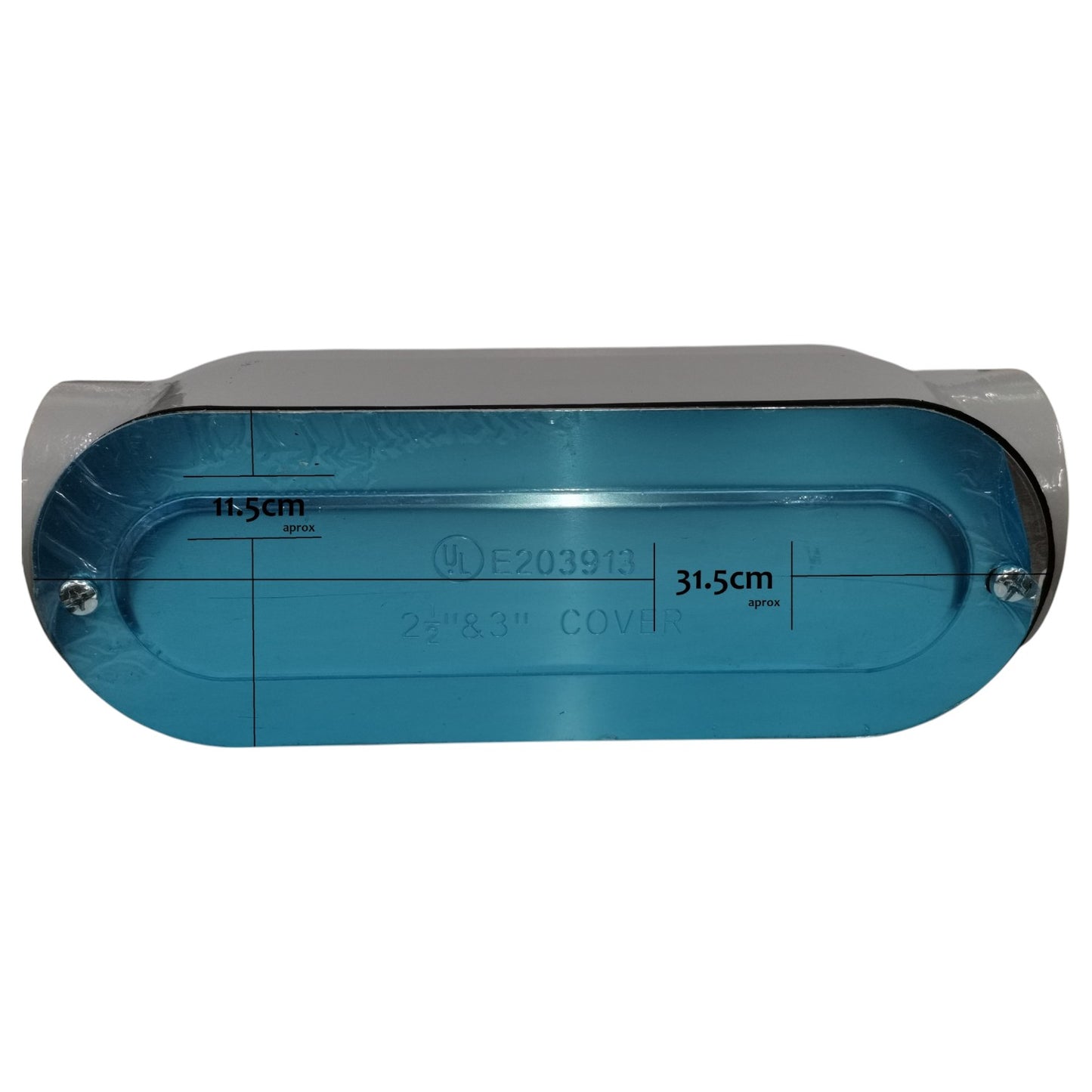 Rectangular metal box with blue interior and visible branding on a white background