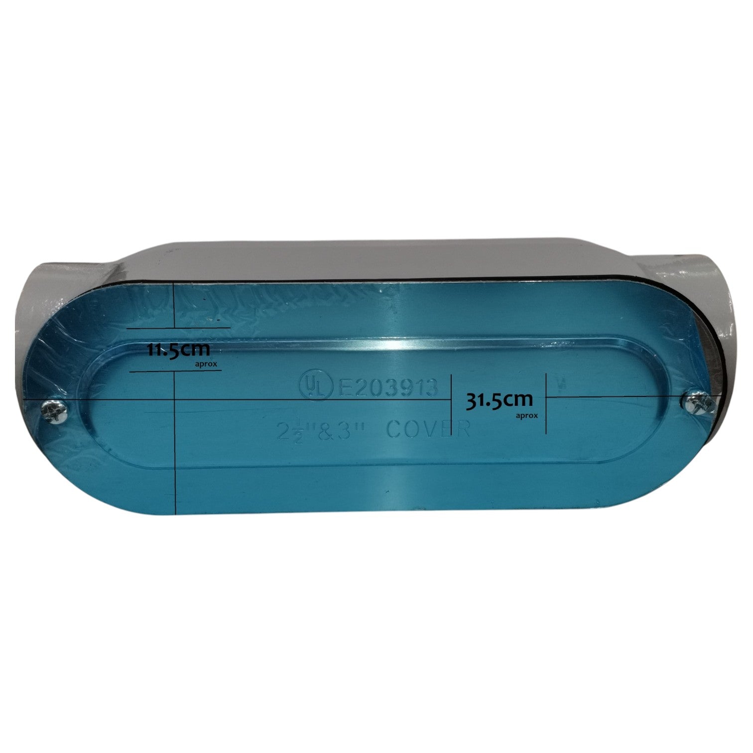Rectangular metal box with blue interior and visible branding on a white background