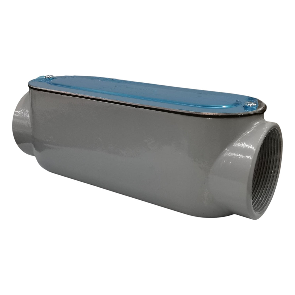 Gray pipe fitting with blue cover on a white background