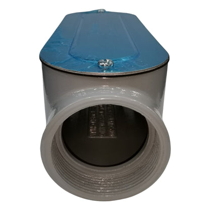 Metallic cylindrical component with blue top on a white background