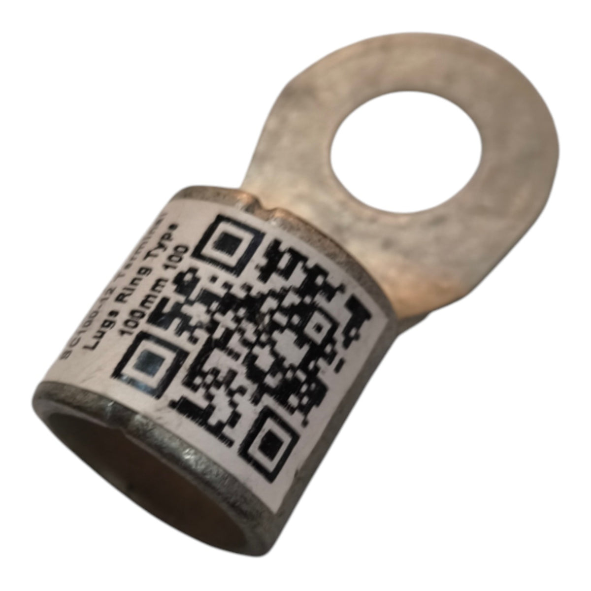 A metal ring terminal with a white label featuring a black QR code and text reading 'LUG RING 100MM 100'.