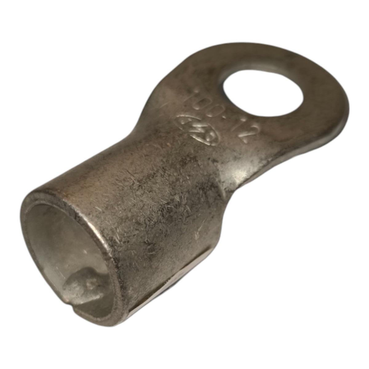 A metal ring terminal connector with a pre-drilled hole and a cylindrical socket, shown on a plain white background.