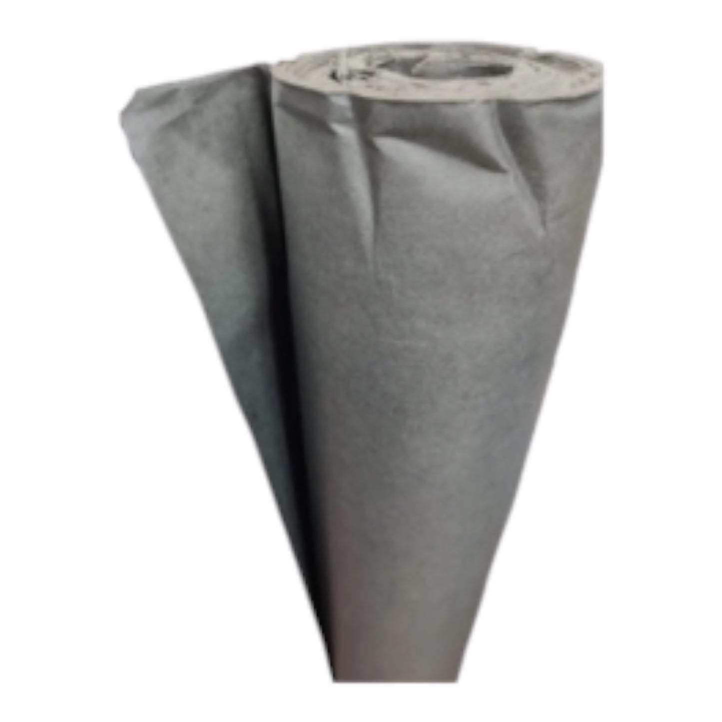 A roll of gray textured material, possibly paper or fabric, standing upright against a plain white background.