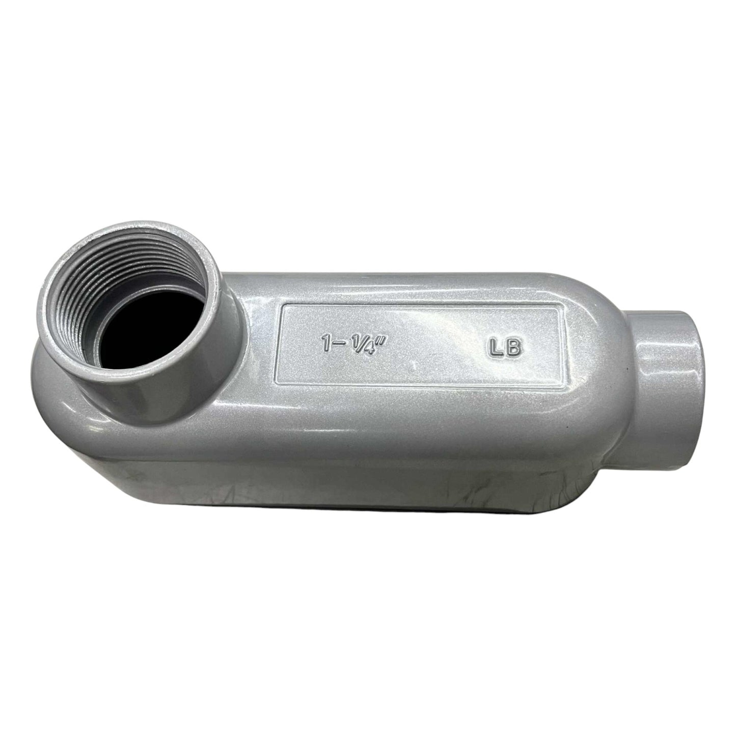 Gray metal pipe fitting with threaded end on a white background