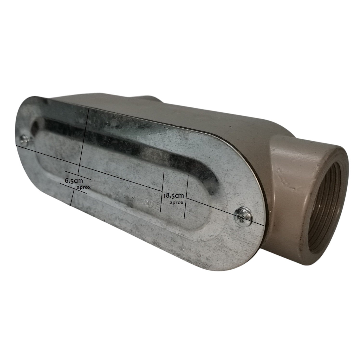 Metal pipe fitting with measurement markings on a white background