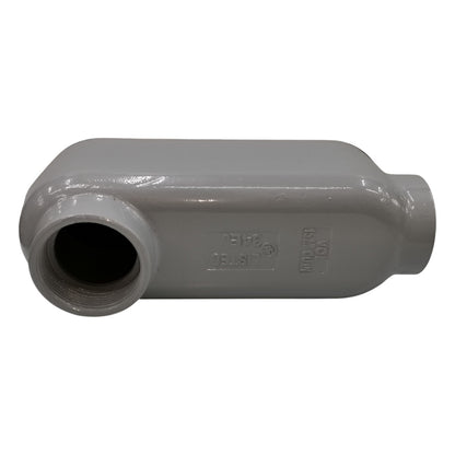 Gray metal pipe fitting on a white background
