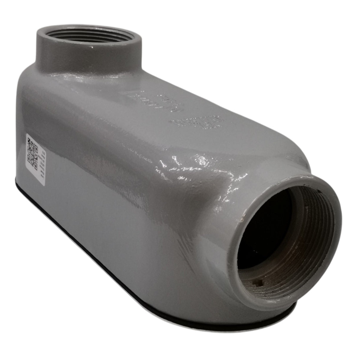Gray pipe fitting with a QR code label on a white background