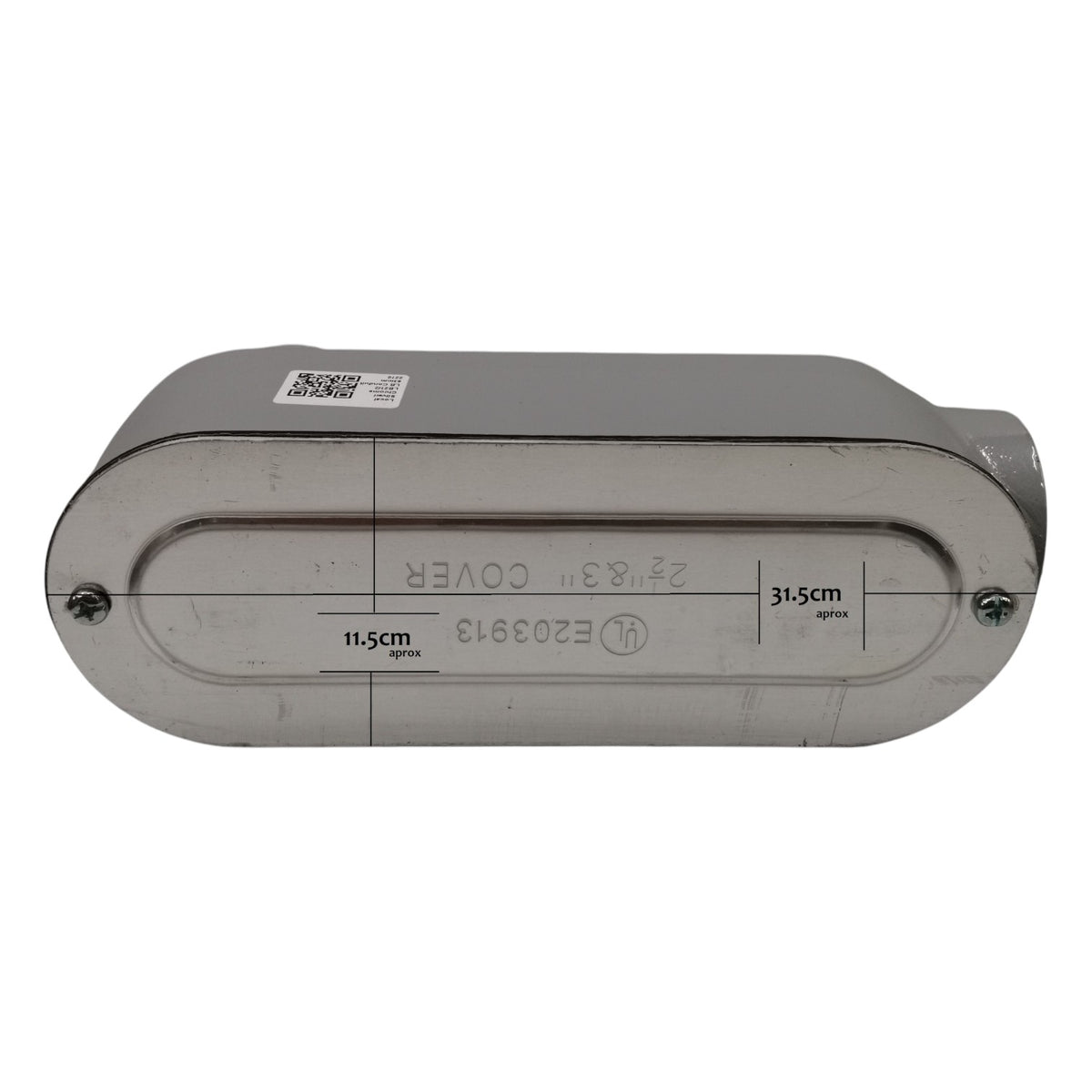 Gray rectangular metal box with dimensions and certification labels on a white background