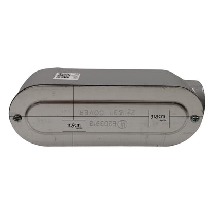 Gray rectangular metal box with dimensions and certification labels on a white background