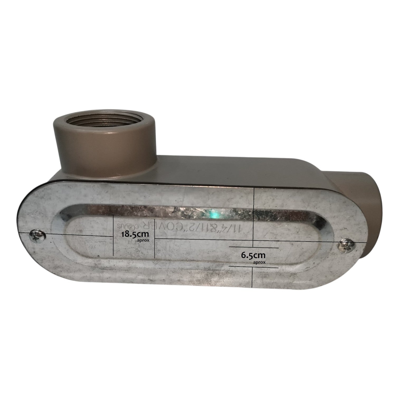 Metal pipe fitting with dimensions on a white background