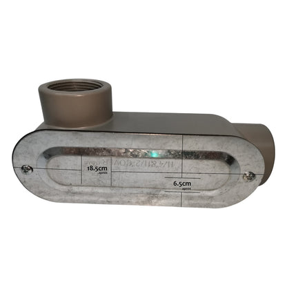 Metal pipe fitting with dimensions on a white background