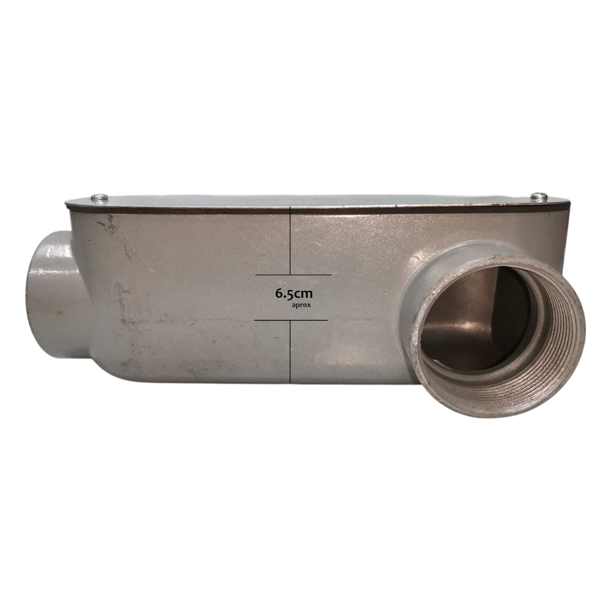 Metal pipe fitting with dimensions on a white background