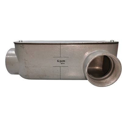 Metal pipe fitting with dimensions on a white background