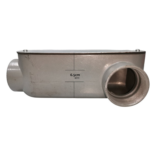 Metal pipe fitting with dimensions on a white background