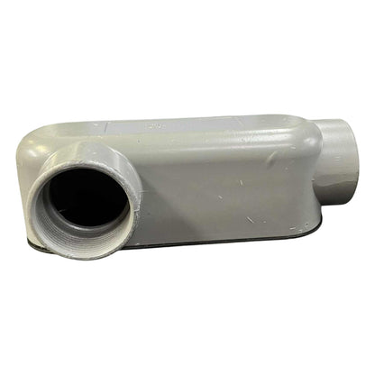 Gray plastic pipe fitting on a white background