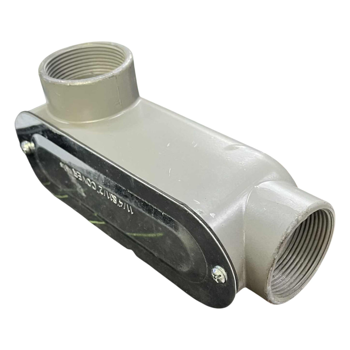 Plumbing fitting with threaded ends on a white background