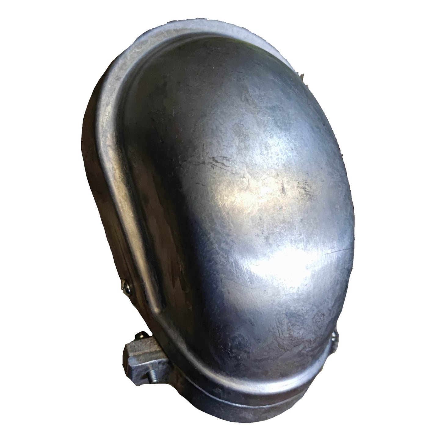 Metallic elbow pipe fitting on a white background