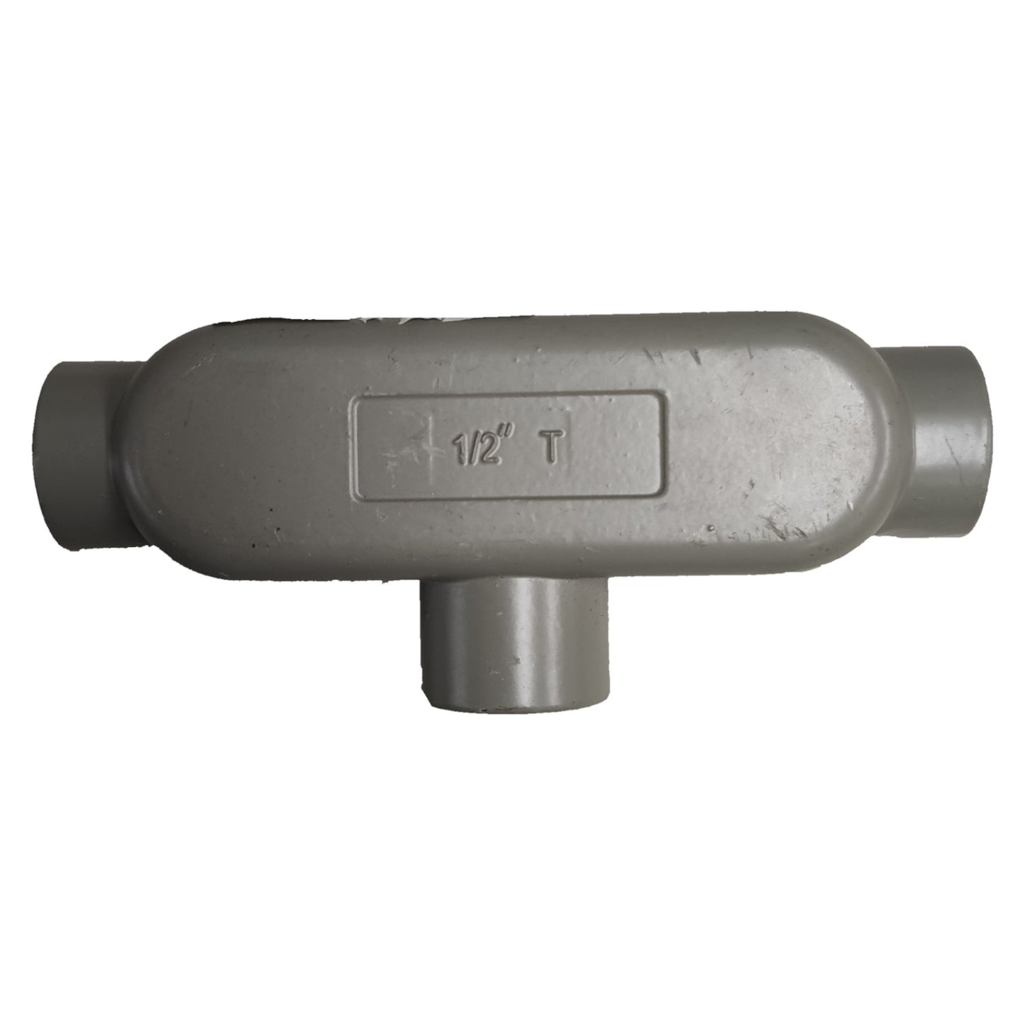 Gray metal T-fitting with '1/2" T' marking on a white background