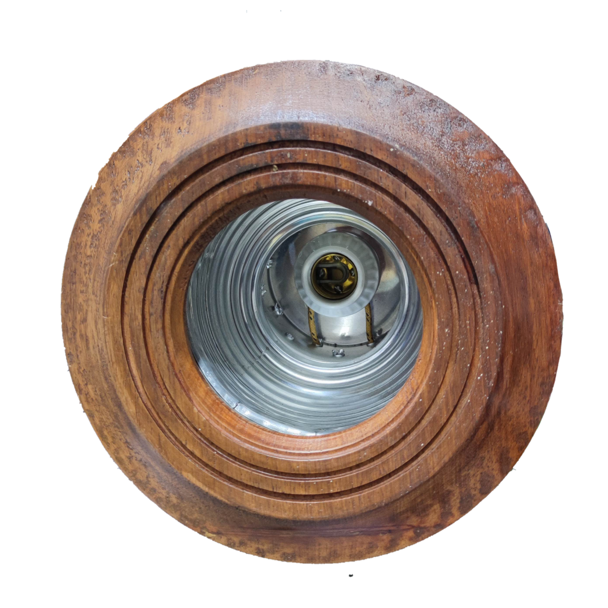 Wooden border down light fixture with circular layered wood design and metallic interior housing