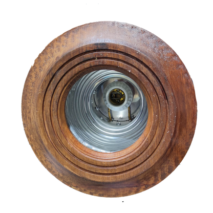 Wooden border down light fixture with circular layered wood design and metallic interior housing
