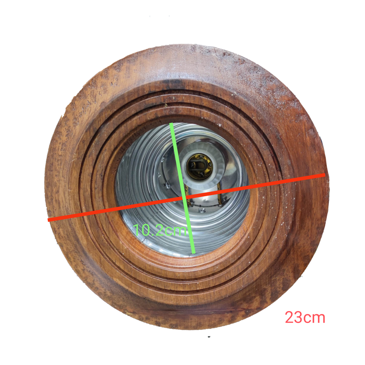 Local wooden border down light fixture with concentric wooden rings and metal inner housing